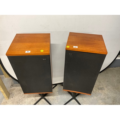 51 - PAIR OF MID CENTURY B&W (BOWERS & WILKINS) TEAK CASED SPEAKERS ON STANDS -MODEL DM2 H42