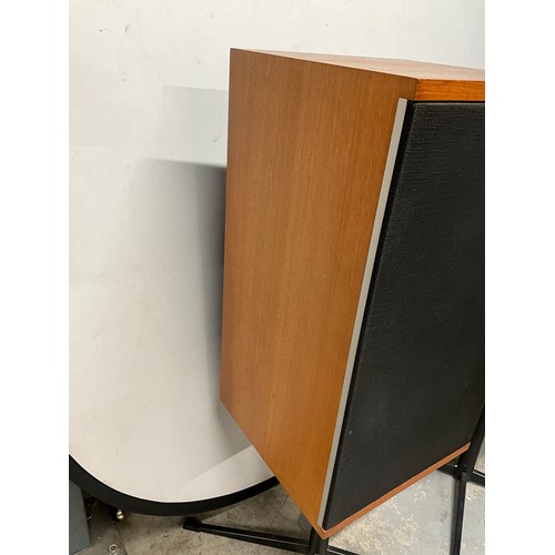 51 - PAIR OF MID CENTURY B&W (BOWERS & WILKINS) TEAK CASED SPEAKERS ON STANDS -MODEL DM2 H42