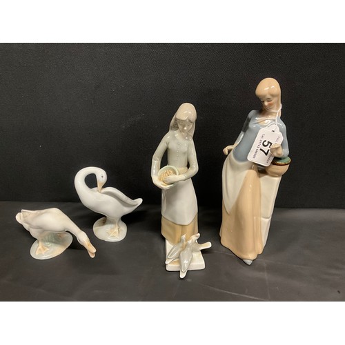 57 - JUTER LADY FIGURE,SAX LADY FIGURE AND 2 LLADRO SWANS
