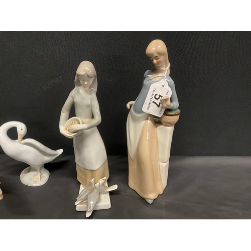 57 - JUTER LADY FIGURE,SAX LADY FIGURE AND 2 LLADRO SWANS