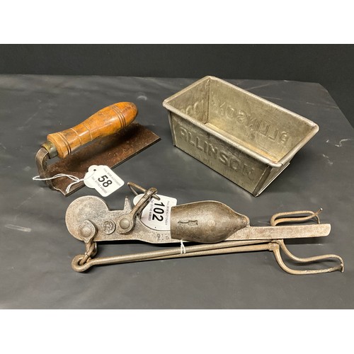 58 - VINTAGE ALLINSON BREAD TIN , BREAD RASP AND BREAD SCALES