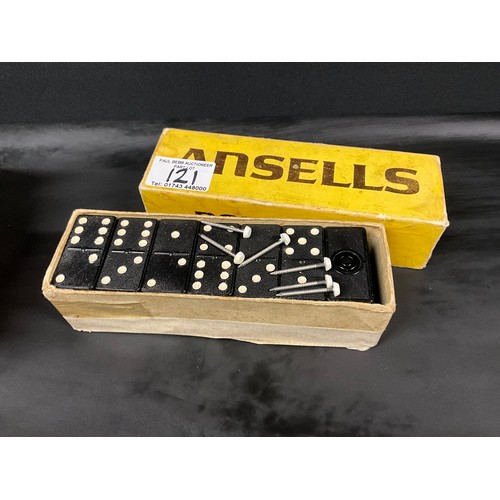 121 - PAIR OF VINTAGE CASED BOWLS,DOMINOES AND SCORE BOARD
