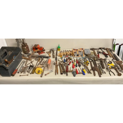 TWO BOXES AND CRATE OF HAND TOOLS, DRILL BITS ETC
