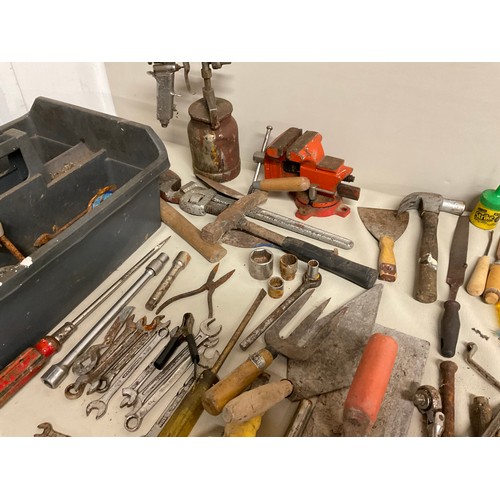 TWO BOXES AND CRATE OF HAND TOOLS, DRILL BITS ETC