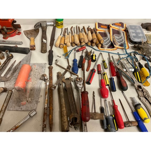 TWO BOXES AND CRATE OF HAND TOOLS, DRILL BITS ETC