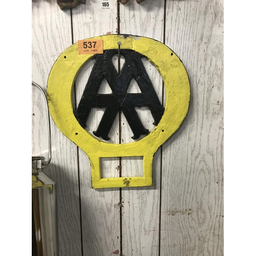 537 - Early Iron AA Sign 13 inch. Wide