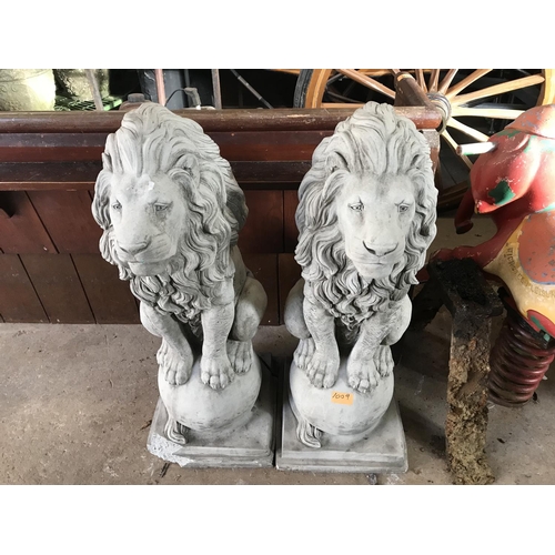 1009 - Pair Reconstituted Stone Lions 38Inch.