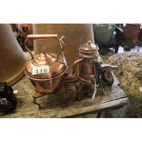 119 - Copper kettle on trivet & copper coffee pot on trivet