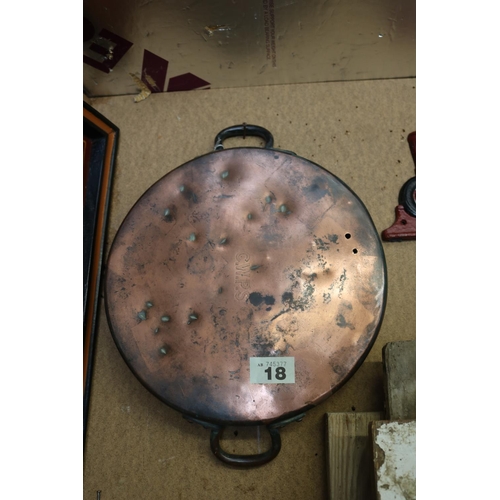 18 - 2 handled copper frying pan stamped C.W.P.S