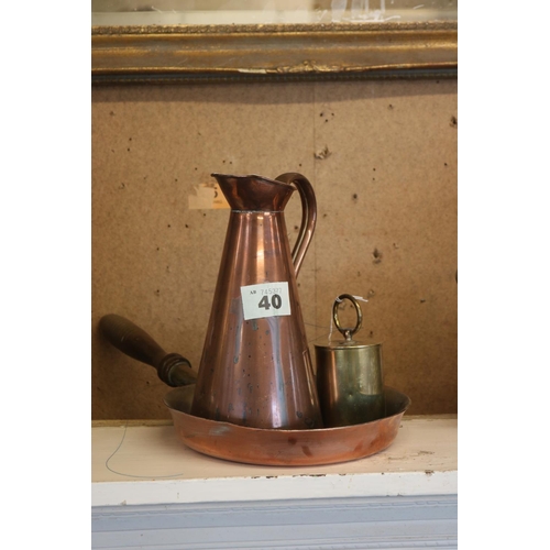 40 - Copper saucepan, copper jug & a brass cylinder