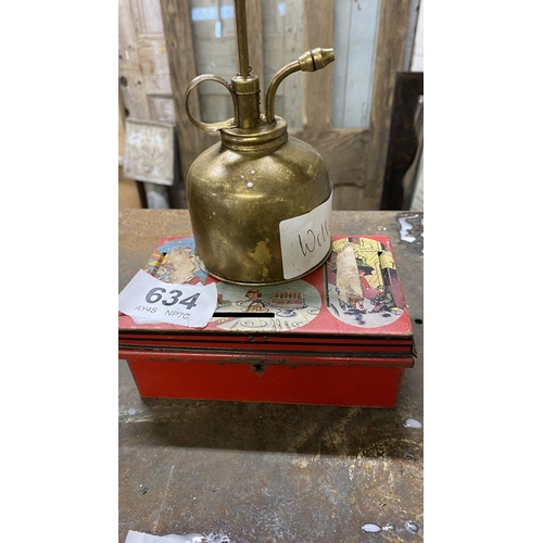 634 - Mini brass oil can & tin money box