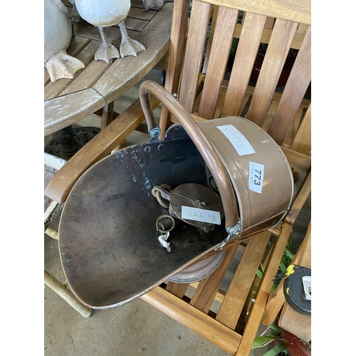 773 - Copper coal bucket & 2 scales