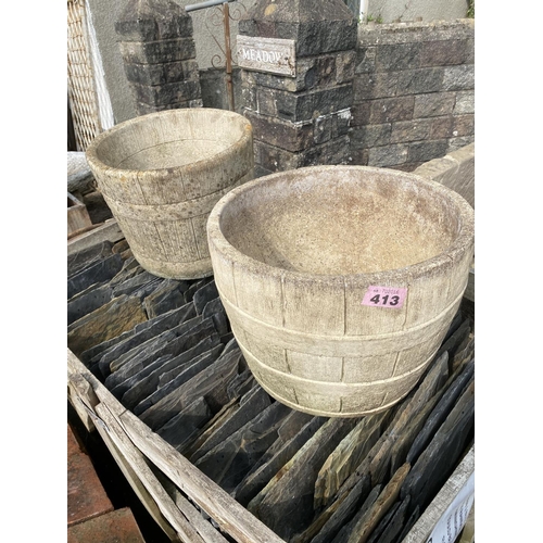 413 - 2 reconstituted stone barrel planters