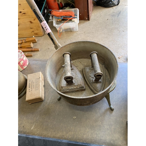 1155 - Iron saucepans,brass trivet & 2 flat irons