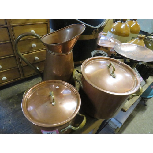 97 - 2 copper saucepans & copper jug