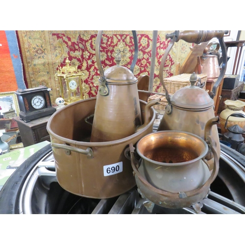 690 - 2 copper coffee pots & 2 copper bowls