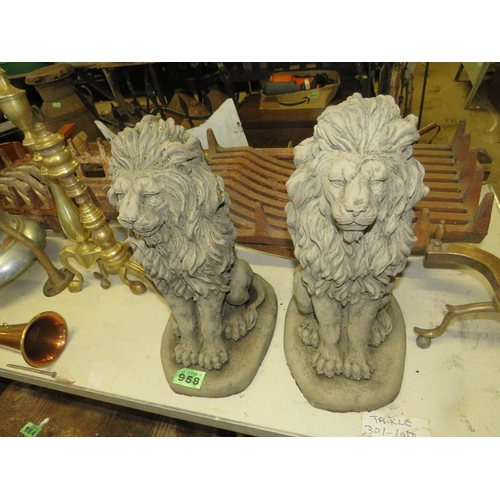 958 - Pair reconstituted stone standing lions 14