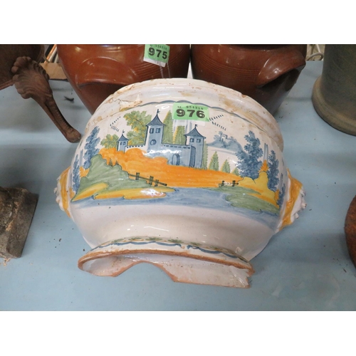 976 - French glazed semi circular delft type pot