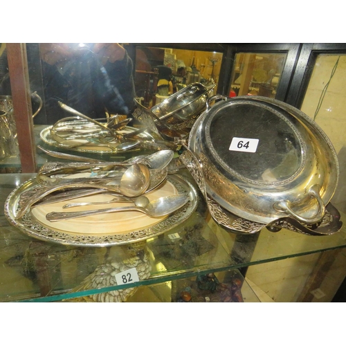 64 - Silver plated bread board,tureen & bread basket