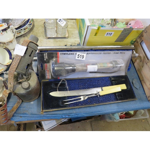 519 - Part carving set,blow lamp,anti freeze tester etc