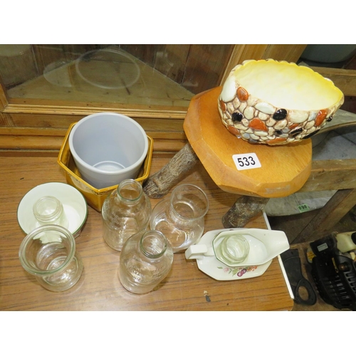 533 - 2 milk bottles,wood stool etc