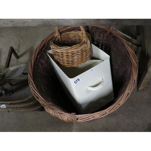 578 - Wicker log basket,metal bread bin etc