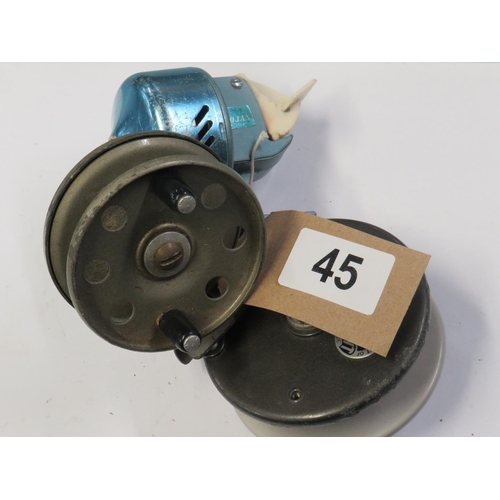 45 - Blue Trojan 302 closed face coarse reel & 2 vintage Strike Right centre pin reels