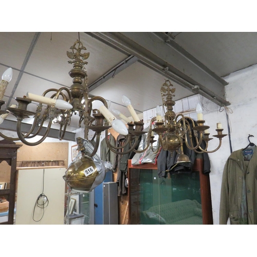 516 - Pair brass 8 light chandeliers