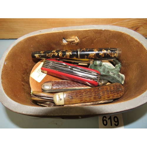 616 - Small bowl,pocket knives ink pen etc