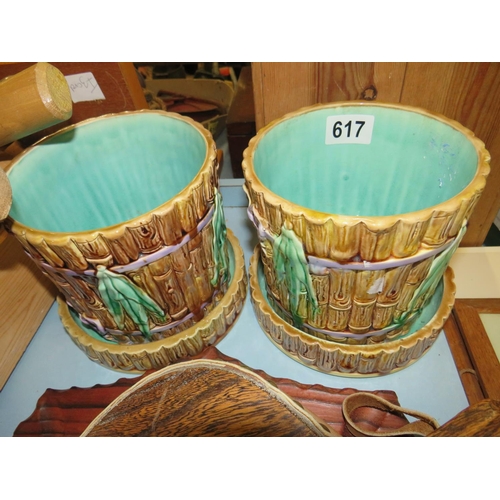 617 - Pair majolica jardinières on stands