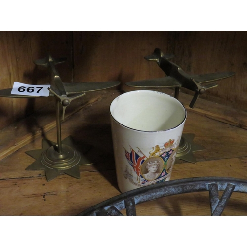 667 - Pair brass mini areoplane & commerative mug