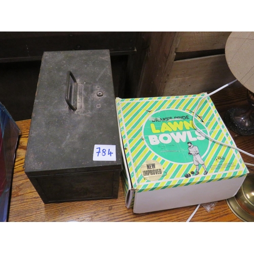 784 - Metal box & set lawn bowls