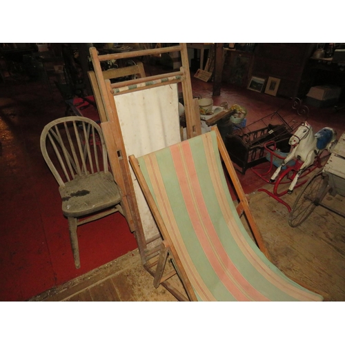 376 - 2 deckchairs & hardwood highchair & 1 other