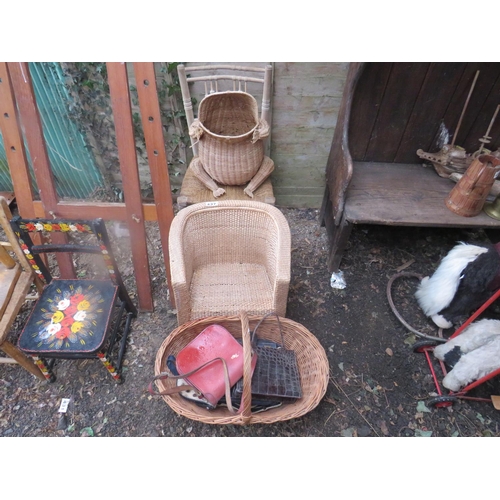 437 - 2 cane chairs,cane frog & basket