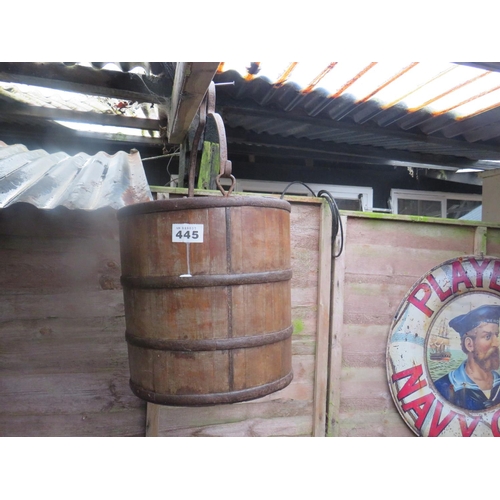 445 - Antique metal bound wooden well bucket