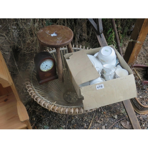 476 - Glass top table,mantle clock,stool & china