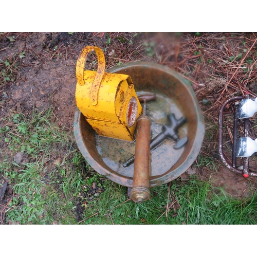 509 - Large brass bowl with street lamp,barrel tap etc