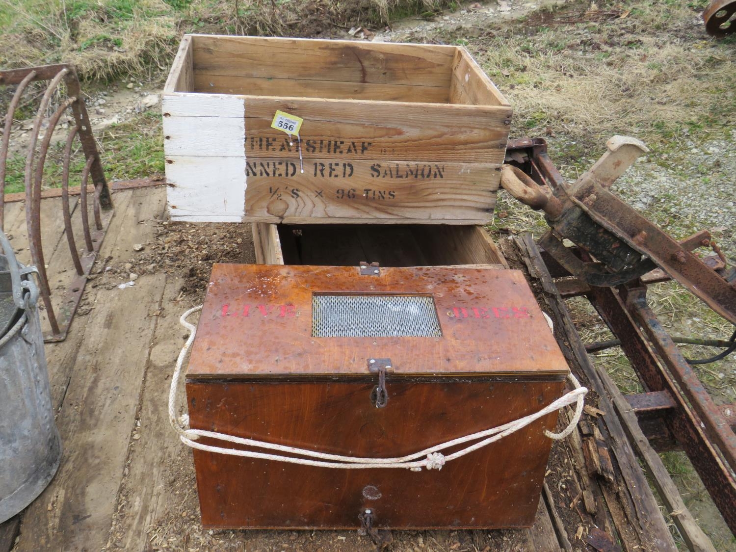 Bee travelling box & 2 tin salmon crates