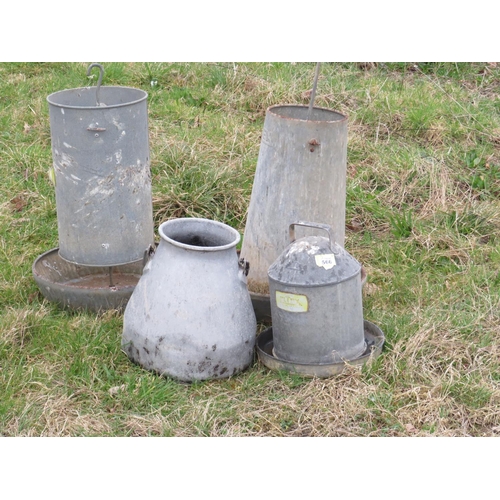 566 - Galvanised milk bucket & 3 galvanised poultry feeders