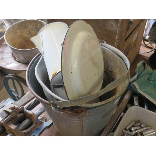 154 - 2 galvanised buckets & 3 pcs enamelware