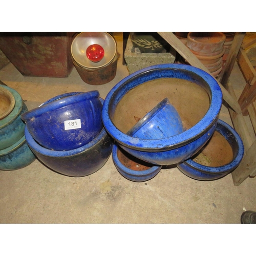 181 - 5 blue glazed pots