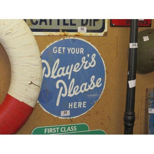 59 - Circular enamel on tin Players sign diameter 17.5