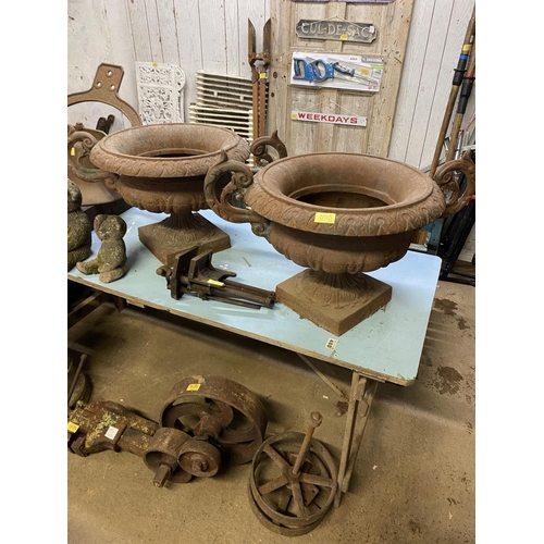 595 - Pair cast iron urns diameter 30