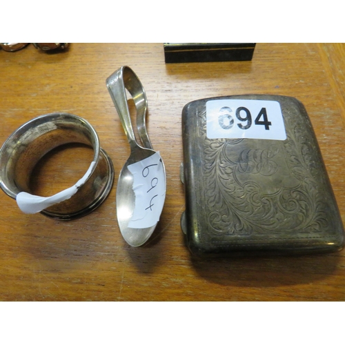 694 - Silver cigarette box,serviette ring & caddy spoon