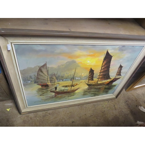 679 - Oil on canvas sailing junks