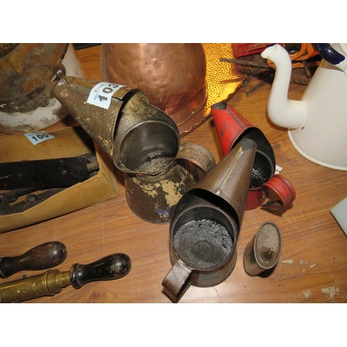 103 - 3 oil jugs & singer oil can