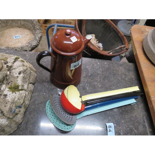 84 - Enamel coffee pot & 4 enamel utensils