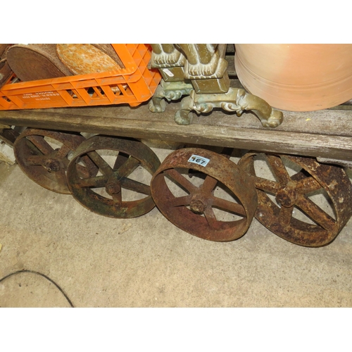 167 - 4 cast iron shepherd hut wheels