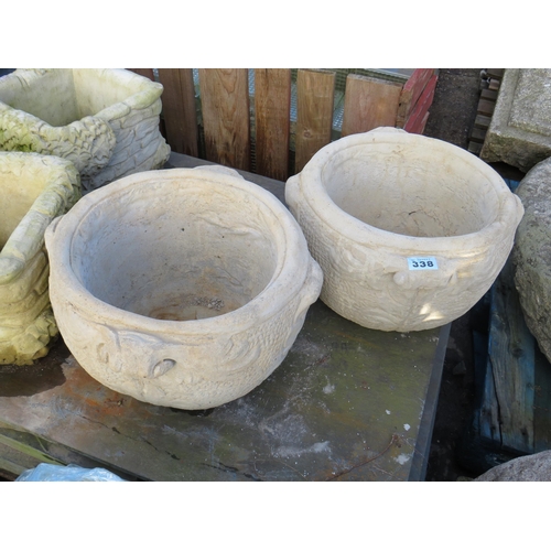 338 - Pair reconstituted stone urns diameter 19