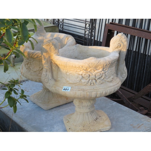 401 - Pair reconstituted stone urns